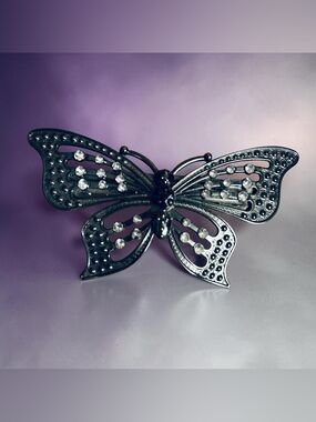 Vtg Butterfly Hair Barrette Metal With Rhinestone Accents 4x2” Black Silver